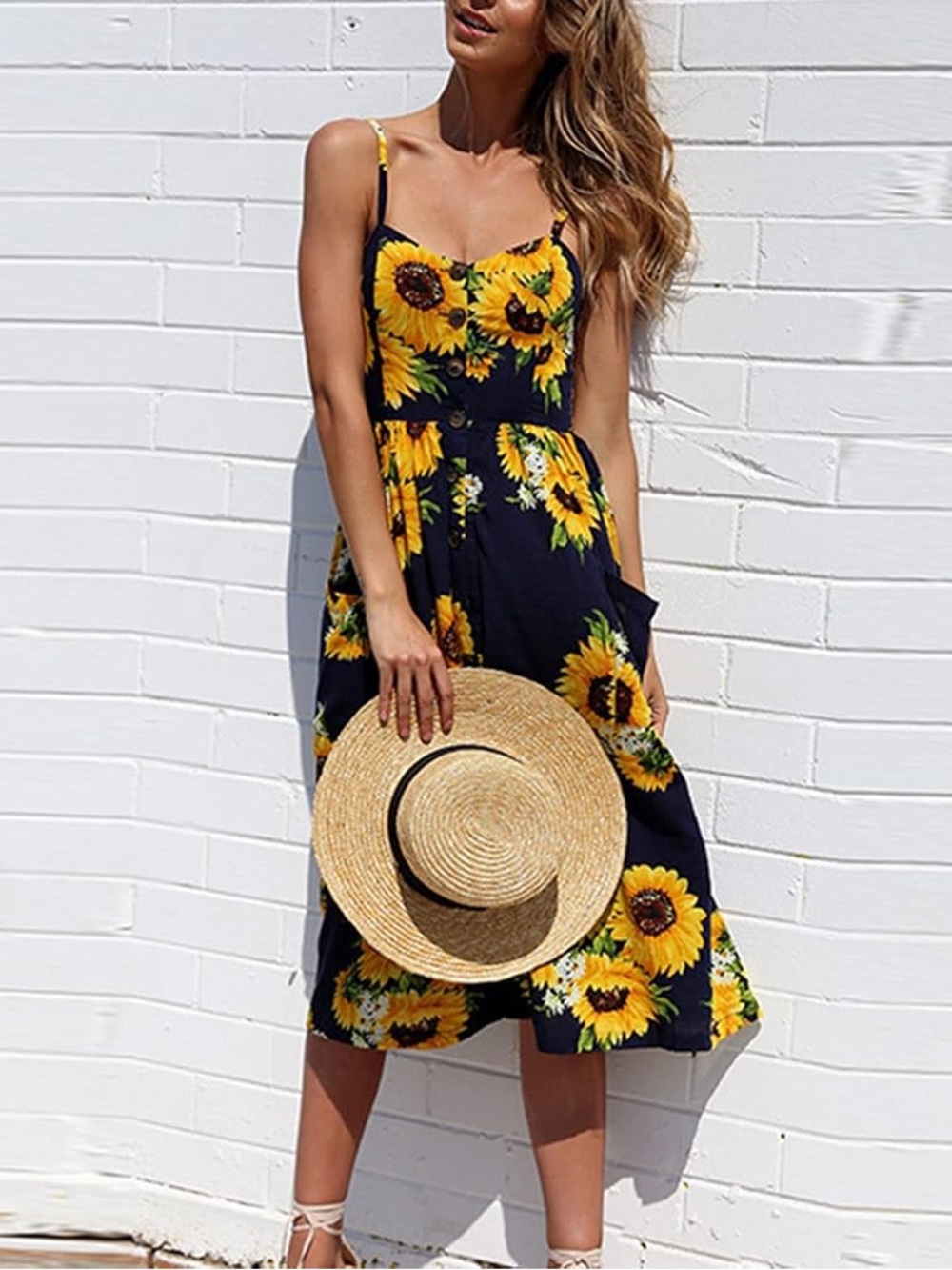 Sunflower Print Black Midi Dress